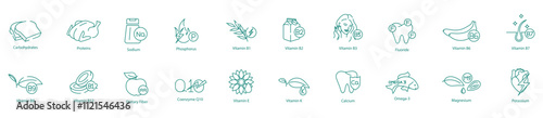 Complete Nutritional Icon Set - Carbohydrates, Proteins, Sodium, Phosphorus, B1, B2, B3, Fluoride, B6, B7, B9, B12, Dietary Fiber, Coenzyme-10, E, K, Calcium, Omega-3, Magnesium, and Potassium  