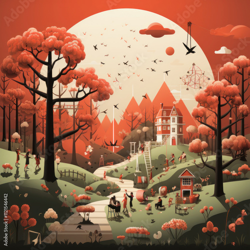 Obraz na płótnie bright and lively scene in cartoon style. The center of attention is a cozy house on a hill, surrounded by trees with red crowns w salonie