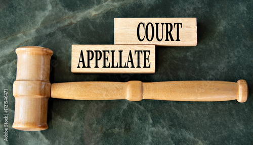 APPELLATE COURT - words on wooden blocks on a green background with a judge's gavel photo