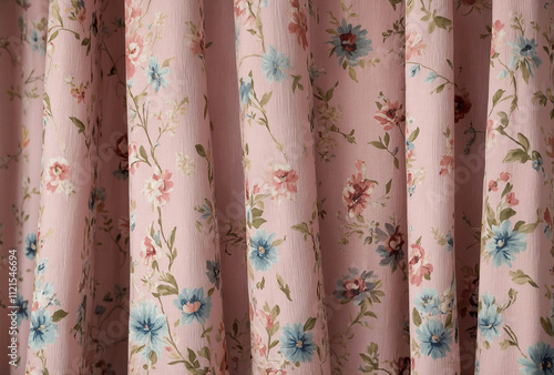 pastel pink curtain with a soft floral pattern and delicate pleats.