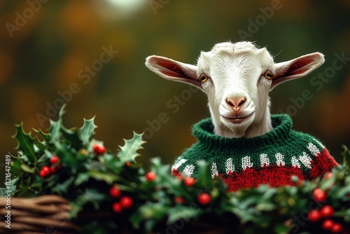 A festive goat wearing a colorful sweater stands cheerfully among holly, capturing the holiday spirit in a charming and playful setting. photo