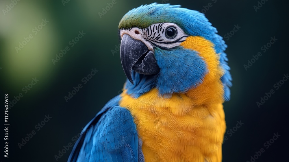 A blue and yellow parrot is standing in front of a green background A blue and yellow parrot is standing in front of a green background