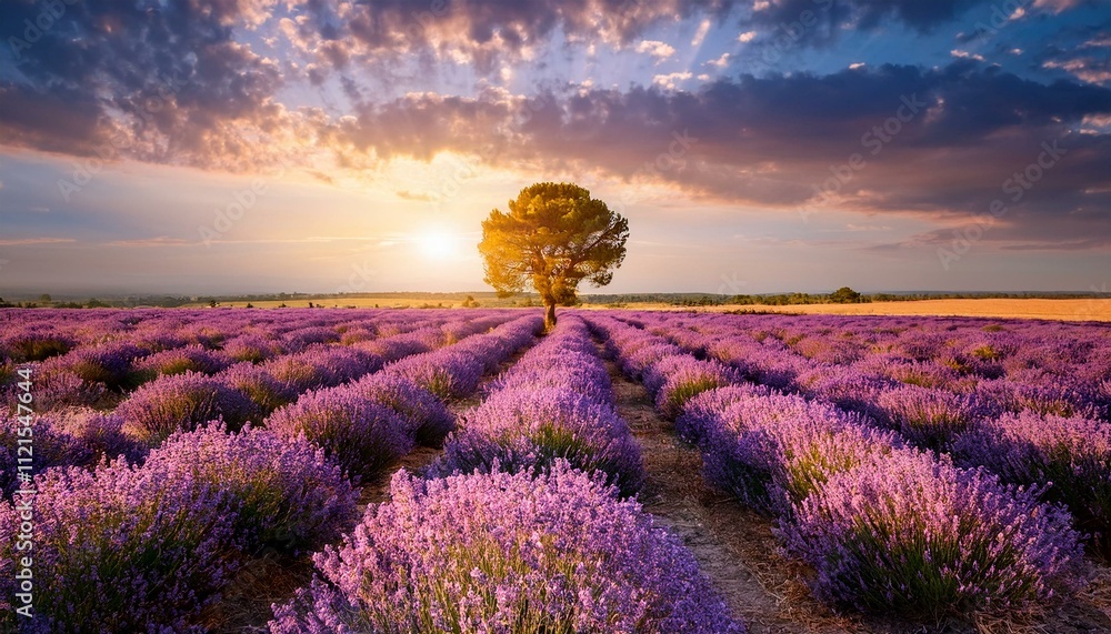 Fototapeta premium Breathtaking Lavender Field at Sunset: A Summer Evening with One Majestic Tree