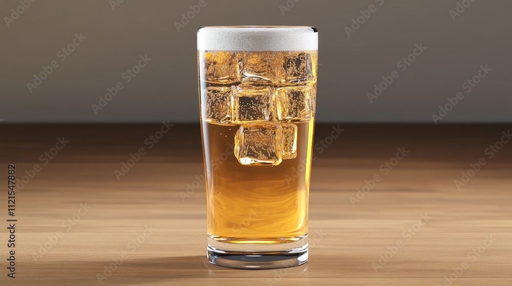 A close-up of a beer glass with ice cubes, condensation on the glass, and a golden hue of beer, with a minimal background for a clean and crisp look A close-up of a beer glass with ice cubes, condensation on the glass, and a golden hue of beer, with a minimal background for a clean and crisp look