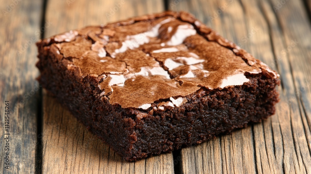 A close-up of a brownie with a crinkly top, placed on a wooden table, with a subtle light coming from the side A close-up of a brownie with a crinkly top, placed on a wooden table, with a subtle light coming from the side