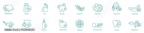 Essential Nutrients Icon Set - Carbohydrates, Sodium, Fats, Fluoride, B1, Flavonoids, B3, B6, B9, Zinc, C, Dietary Fiber, E, Coenzyme-10, Calcium, and Magnesium for Balanced Health
