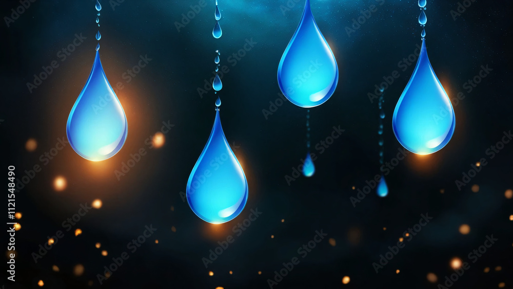 Illustration of a bright blue raindrop shining against a dark sky, creating a dramatic contrast between light and darkness. Illustration of a bright blue raindrop shining against a dark sky, creating a dramatic contrast between light and darkness.