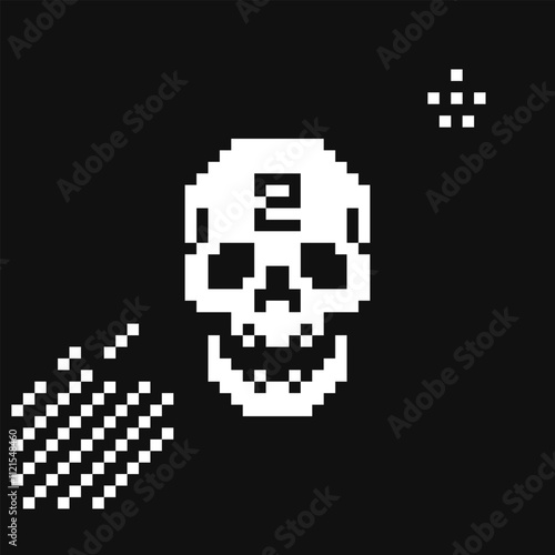 Human skull pixel art icon, abstract background vector illustration, game assets, sprite, design stickers, logo, mobile app, embroidery. 