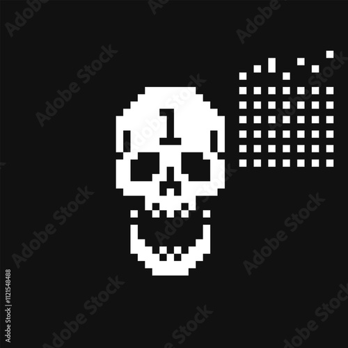 Human skull pixel art icon, abstract background vector illustration, game assets, sprite, design stickers, logo, mobile app, embroidery. 