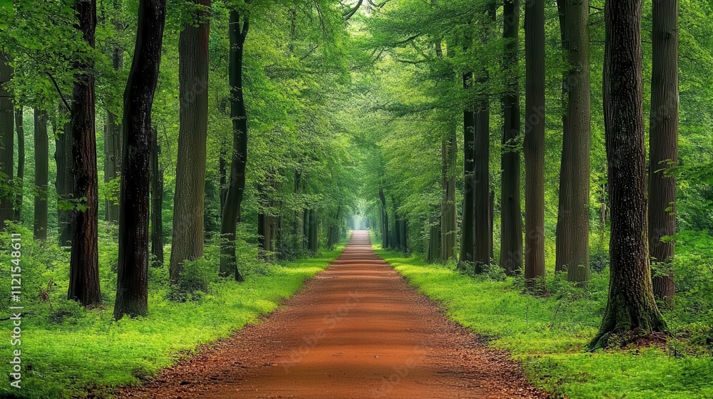 Travel themed image showing a wide path leads through the tall trees of the forest, with green leaves and foliage on both sides Travel themed image showing a wide path leads through the tall trees of the forest, with green leaves and foliage on both sides