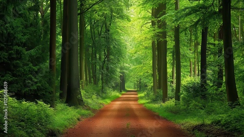 Travel themed image showing a wide path leads through the tall trees of the forest, with green leaves and foliage on both sides