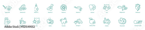 Comprehensive Nutritional Icon Set - B9, B12, C, D, E, K, Calcium, Iron, Magnesium, Potassium, Sodium, Phosphorus, Zinc, Iodine, Fluoride, Omega-3, Dietary Fiber, Choline, Flavonoids, and Coenzyme-10 