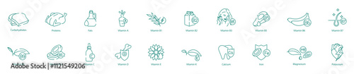 Complete Nutrition Icon Set - Carbohydrates, Proteins, Fats, A, B1, B2, B3, B5, B6, B7, B9, B12, C, D, E, K, Calcium, Iron, Magnesium, and Potassium for Balanced Wellness