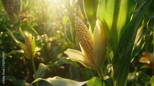 A close-up of corn kernels on a ripe ear of corn, with lush green leaves and other corn plants in the background, bathed in soft sunlight