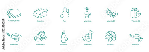 Balanced Nutrition Icon Set - Carbohydrates, Proteins, Fats, A, B1, B2, B9, B12, C, D, E, and K for Health and Wellness
