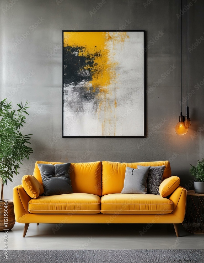 Modern interior design with a bright orange sofa featuring button-tufted cushions, paired with a green accent pillow. The room includes a concrete wall, a framed abstract art piece with orange and gre