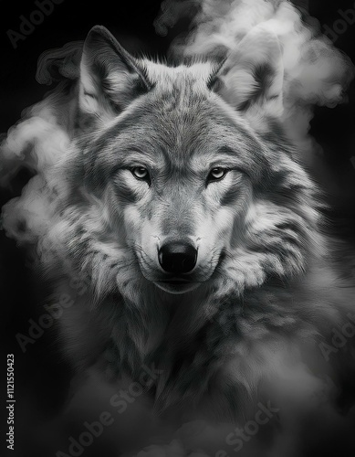 Black-and-white portrait of a majestic wolf, surrounded by mysterious smoke or mist. The wolf's piercing gaze and detailed fur texture create a powerful and dramatic visual, evoking a sense of strengt photo