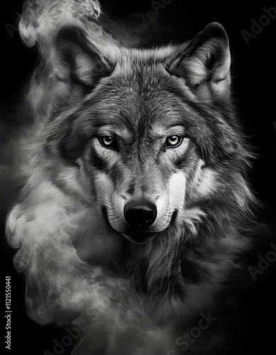 Black-and-white portrait of a majestic wolf, surrounded by mysterious smoke or mist. The wolf's piercing gaze and detailed fur texture create a powerful and dramatic visual, evoking a sense of strengt photo