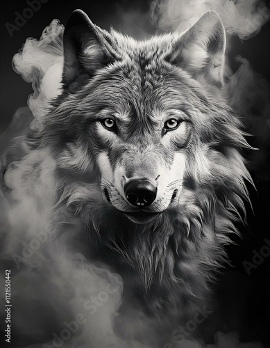 Black-and-white portrait of a majestic wolf, surrounded by mysterious smoke or mist. The wolf's piercing gaze and detailed fur texture create a powerful and dramatic visual, evoking a sense of strengt photo