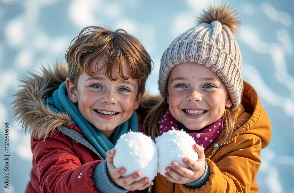 Obraz premium TWO CHILDREN PLAYING WINTER GAMES, BROTHER AND SISTER MAKING SNOWBALLS, SNOWMAN