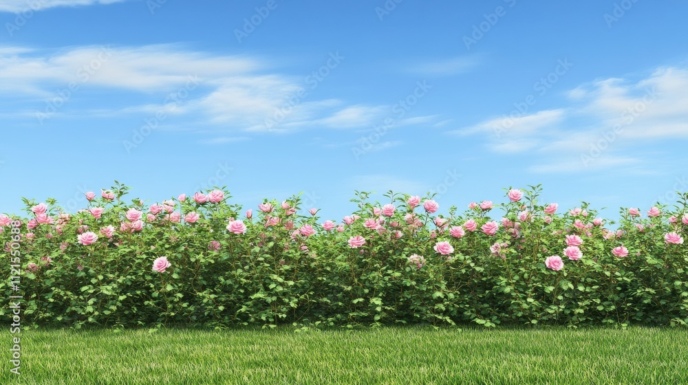 Stunning Pink Rose Hedge Against a Clear Sky, A Breathtaking Garden Scene Stunning Pink Rose Hedge Against a Clear Sky, A Breathtaking Garden Scene