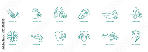 Complete Health Icon Set - B1, B2, B3, B5, B6, B7, E, K, Calcium, Iron, Magnesium, and Potassium for Balanced Nutrition