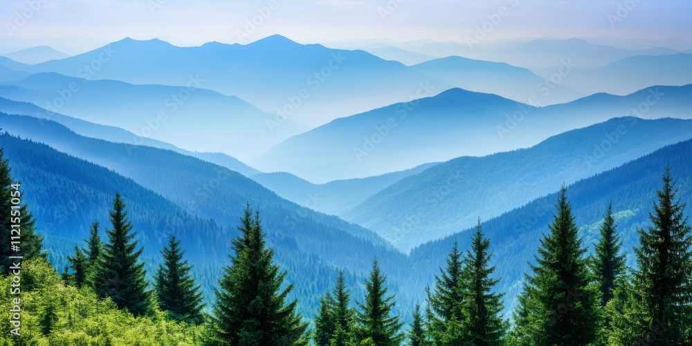Serene Misty Mountain Range with Pine Trees Serene Misty Mountain Range with Pine Trees