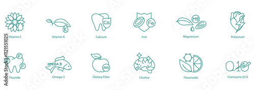 Comprehensive Wellness Icon Set - E, K, Calcium, Iron, Magnesium, Potassium, Fluoride, Omega-3, Dietary Fiber, Choline, Flavonoids, and Coenzyme-10 for Optimal Health