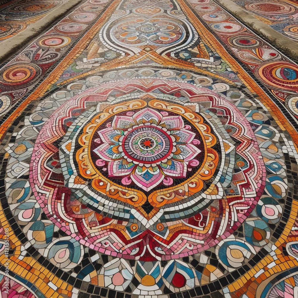 Mosaic designs on pathways using tiles of different Holi colors Mosaic designs on pathways using tiles of different Holi colors