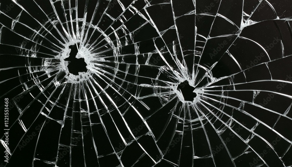 Obraz premium A close-up view of shattered glass with two distinct bullet hole patterns, featuring intricate spiderweb-like cracks spreading across the surface, set against a dark black background.