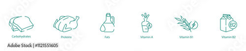 Essential Macronutrients and Vitamins Icon Set - Carbohydrates, Proteins, Fats, Vitamin A, B1, and B2 for Balanced Wellness