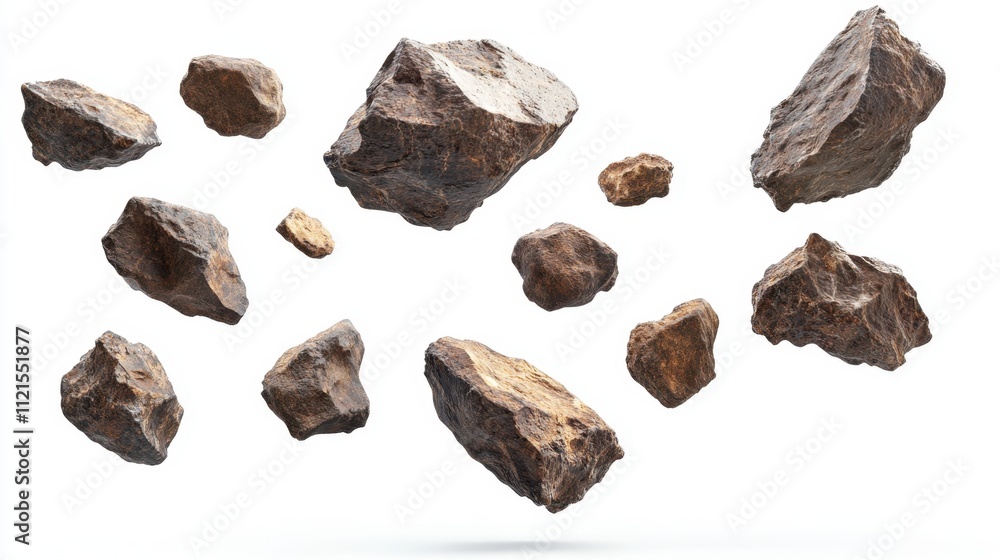 Suspended meteorite cluster with intricate textures and realistic details against a clean white background Suspended meteorite cluster with intricate textures and realistic details against a clean white background