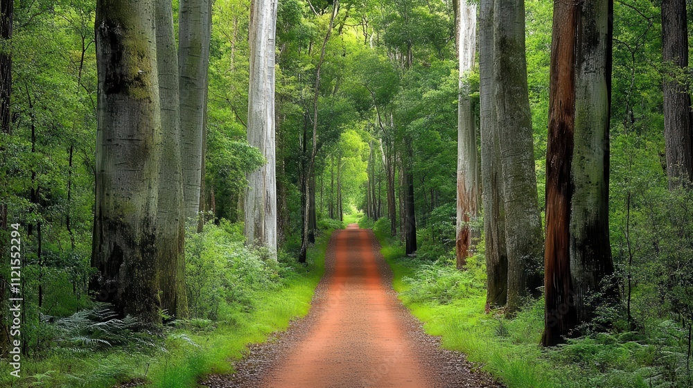 Obraz premium Travel themed image showing a wide path leads through the tall trees of the forest, with green leaves and foliage on both sides