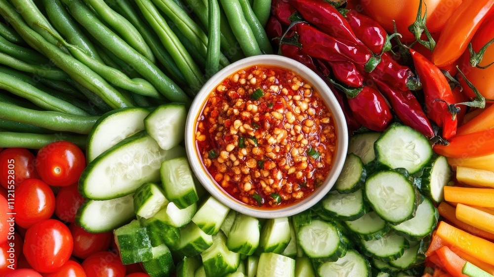 A colorful platter of fresh vegetables, such as green beans, cucumber, and tomatoes, with a small bowl of spicy Thai chili paste in the center A colorful platter of fresh vegetables, such as green beans, cucumber, and tomatoes, with a small bowl of spicy Thai chili paste in the center