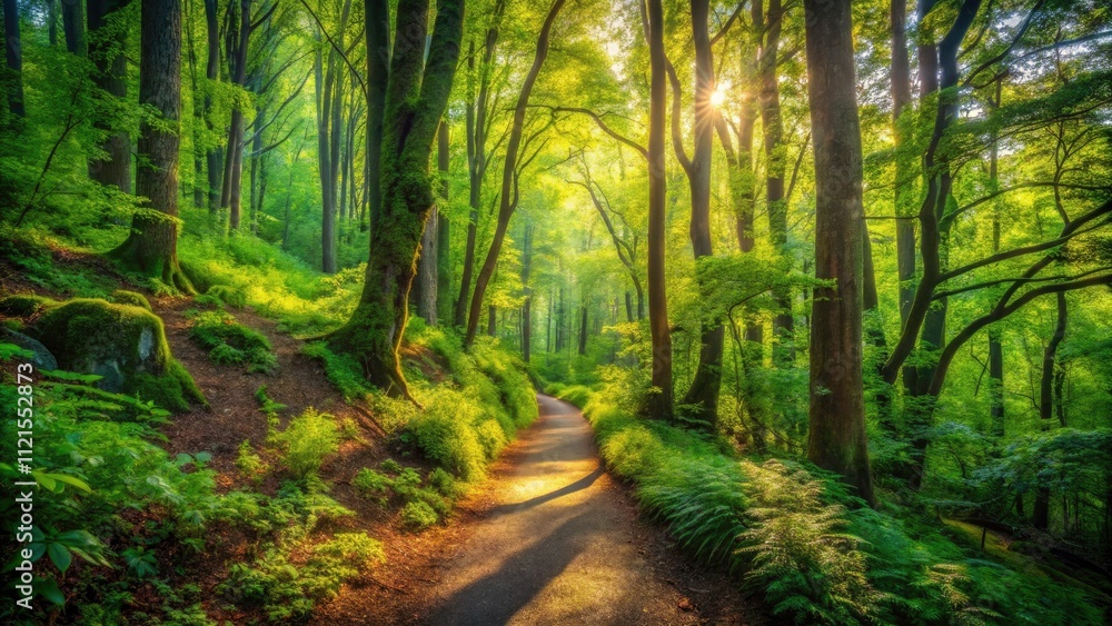 Obraz premium Hiking Trail Forest Photography: Lush Green Canopy, Dense Brush, Woodland Path