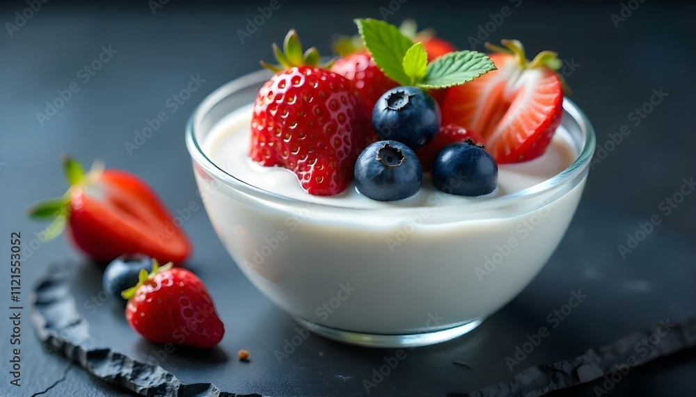 yougurt, chia seeds, strawberries and blue berries along with beautiful decore of serving breakfast , extremally realistic yougurt, chia seeds, strawberries and blue berries along with beautiful decore of serving breakfast , extremally realistic