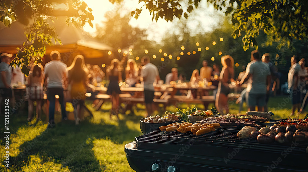 A group of friends gathered around an outdoor grill, grilling and laughing in the sunlit garden during summer A group of friends gathered around an outdoor grill, grilling and laughing in the sunlit garden during summer