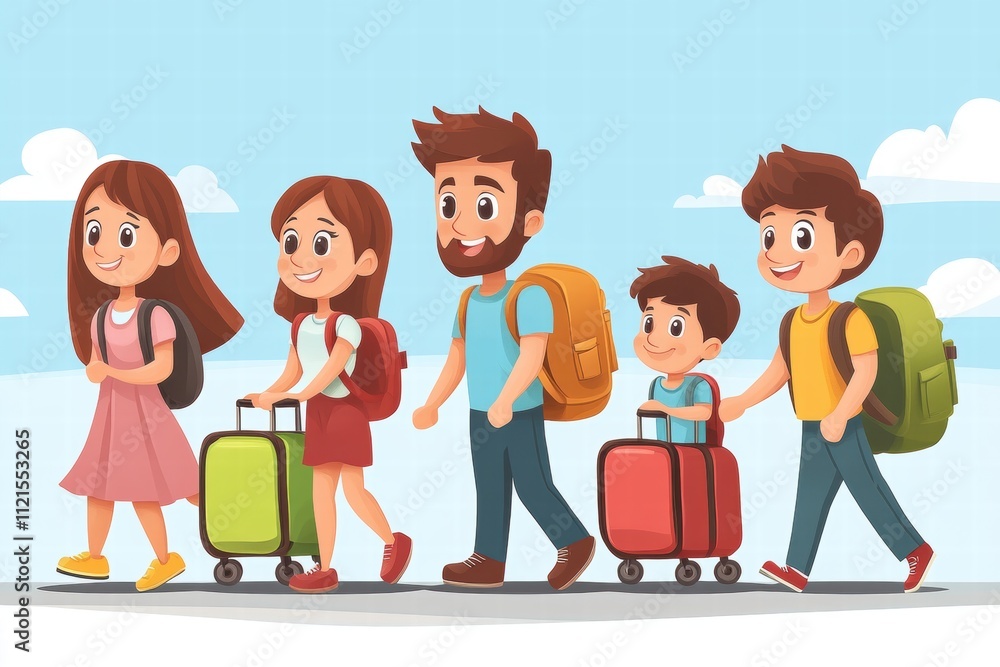 Family vacation adventure city park illustration sunny day side view travel concept for children Family vacation adventure city park illustration sunny day side view travel concept for children