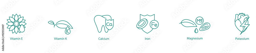 Essential Vitamins and Minerals Icon Set - Vitamins E, K, Calcium, Iron, Magnesium, and Potassium for Optimal Nutrition Essential Vitamins and Minerals Icon Set - Vitamins E, K, Calcium, Iron, Magnesium, and Potassium for Optimal Nutrition