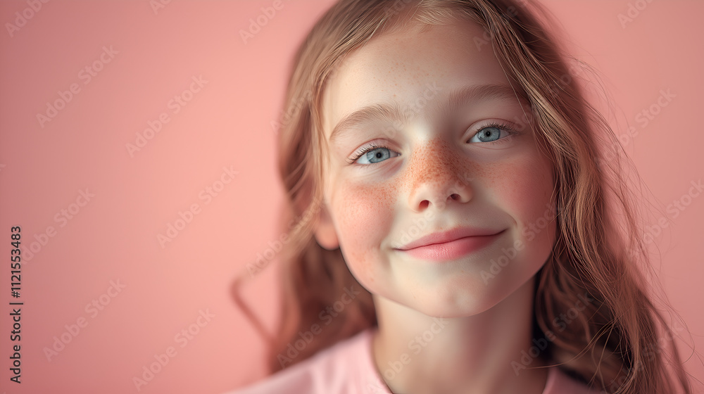 Close up of a girl smiling shyly on a light pink background Close up of a girl smiling shyly on a light pink background