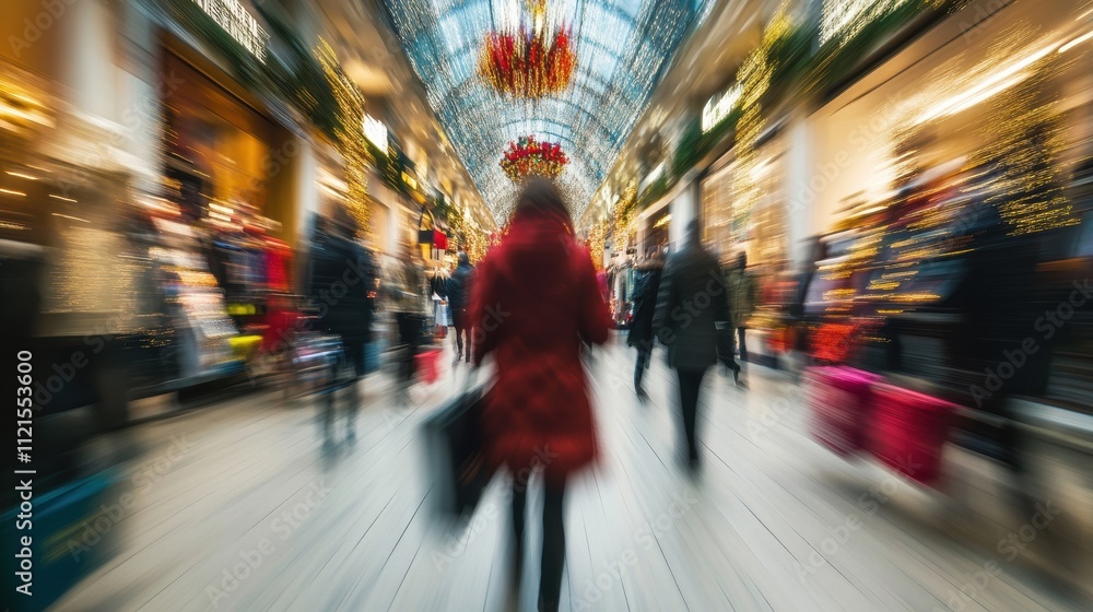 Obraz premium Woman shopping in a busy, motion-blurred retail arcade.