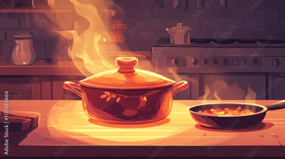 A deep cooking pot with a lid slightly open, steam rising from it, and a frying pan sizzling beside it, set in a kitchen filled with delicious aromas