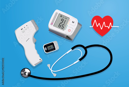 isolated medical objects, vector illustration of stethoscope, health bag, blood pressure monitor, oximeter, thermometer and medicine pills