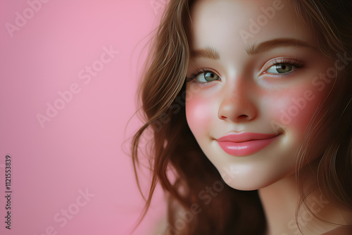 Close up of a girl smiling shyly on a light pink background photo