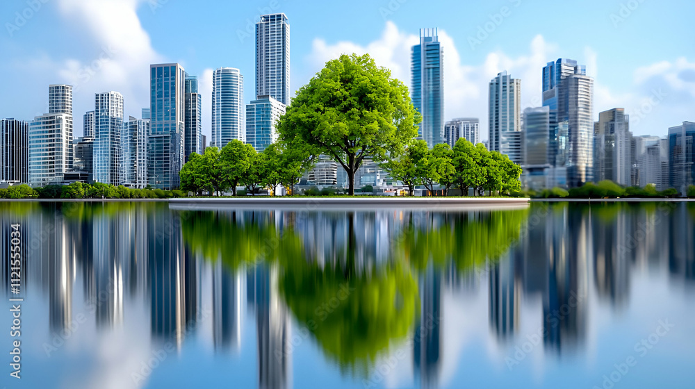 A serene cityscape featuring a lush tree on an island, reflecting in a calm lake, surrounded by modern skyscrapers under a clear blue sky. A serene cityscape featuring a lush tree on an island, reflecting in a calm lake, surrounded by modern skyscrapers under a clear blue sky.