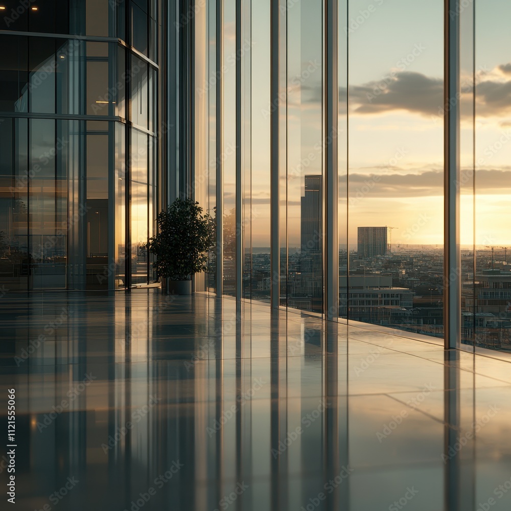 Fototapeta premium Stunning Cityscape Reflected in Glass Windows at Sunset