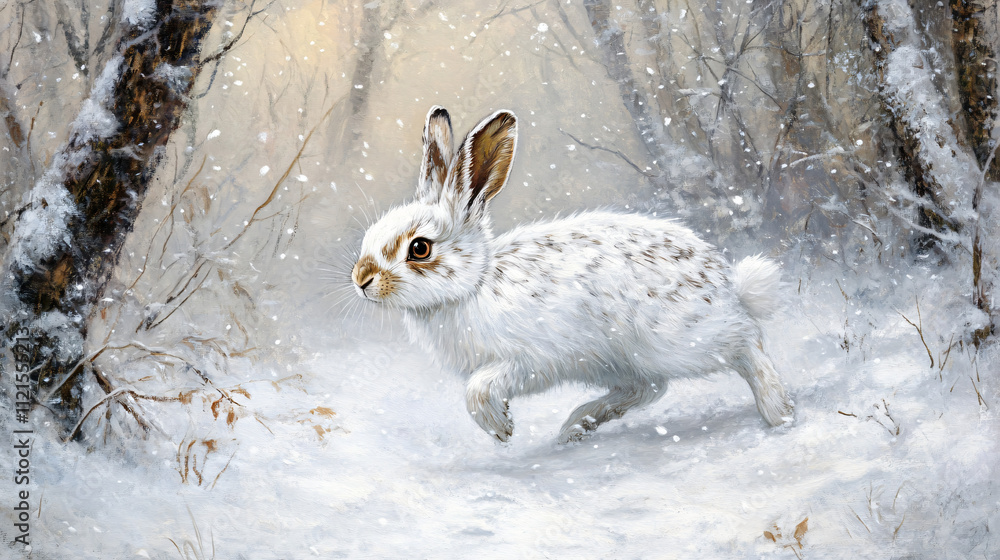 A small snowshoe hare hopping across a snowy forest floor, blending in. A small snowshoe hare hopping across a snowy forest floor, blending in.
