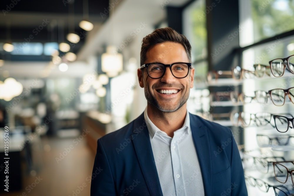 A smiling man in a business suit and glasses in the optics salon. A smiling man in a business suit and glasses in the optics salon.