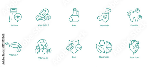 Comprehensive Nutrition Icon Set - Sodium, Vitamin B12, Fats, Vitamin D, Fluoride, Vitamin K, Vitamin B3, Iron, Flavonoids, and Potassium for Health and Wellness