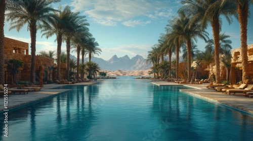 Desert Oasis Poolside Scene: Tranquil Mountain View Pool Experience in a Luxury Resort